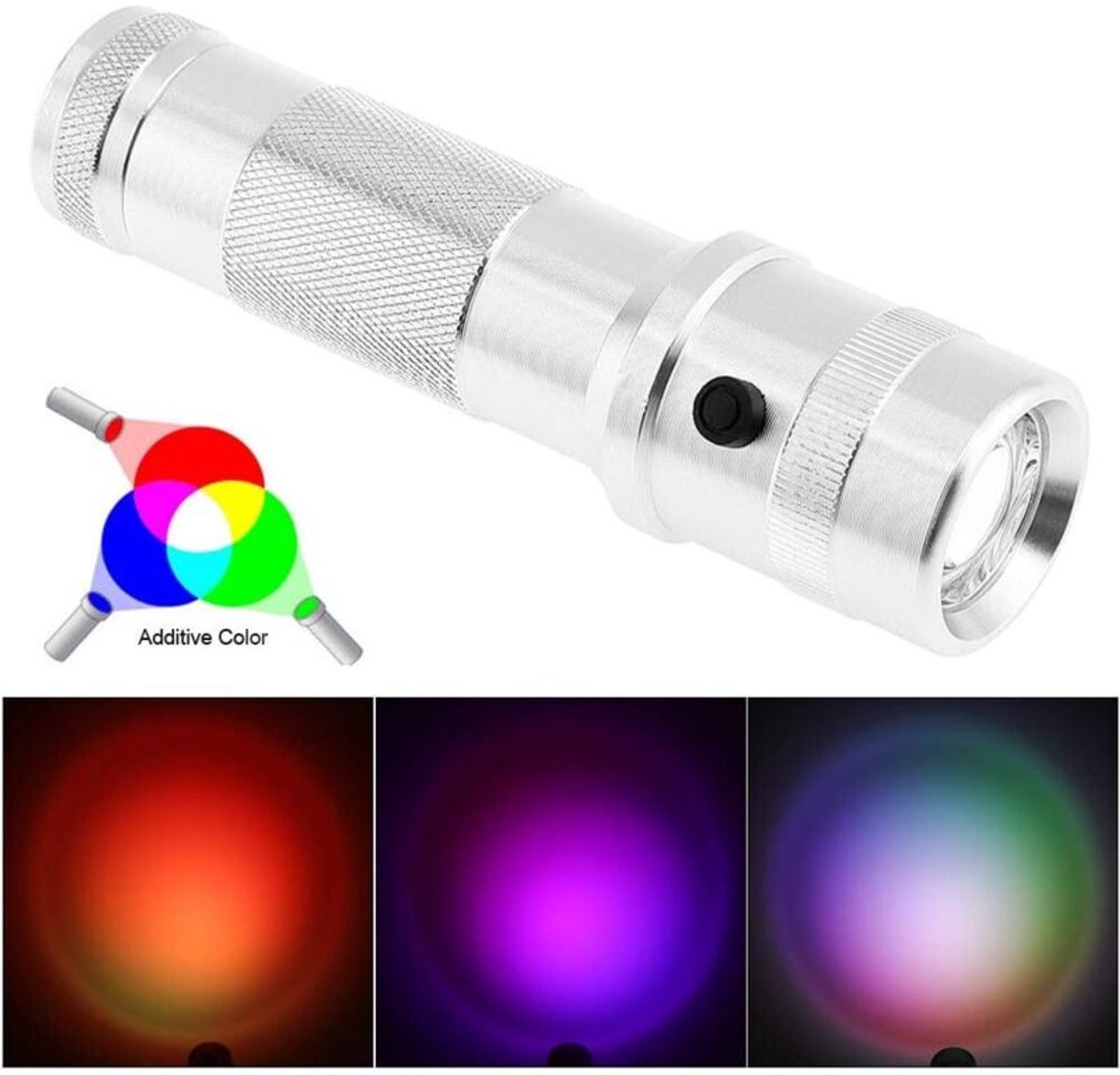 Zilverkleurige RGB LED-zaklamp, schakelen tussen 10 kleuren geschikt voor één druk op de knop, waterdicht, meerdere kleuren.