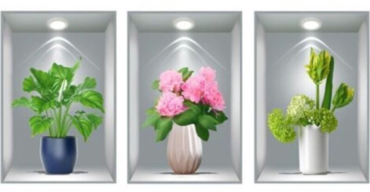Decoratieve stickers, 3D-simulaties, zelfklevende planten- en bloemenschilderijen, potplanten en decoratiesgeschikt voor trappenhuizen/hallen, waterdichte muurstickers.