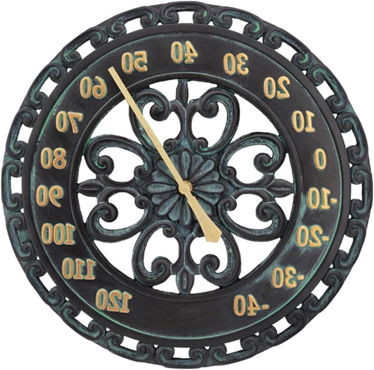 Tuinthermometer Decoratief - Buiten Temperatuurklok - Weer Aflezen - Hars Metaallook - 43x40 cm - Donker Patina