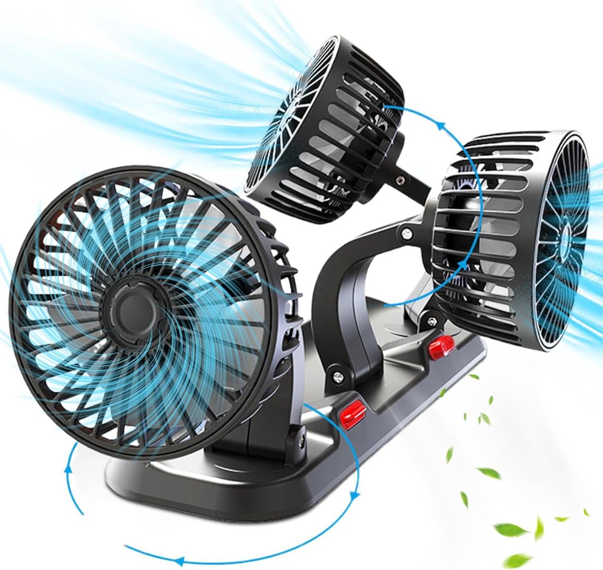 Drievoudige USB-ventilator - Auto koeler - Verkoeling in auto - 360° draaibaar - 30cm breed - Zwart