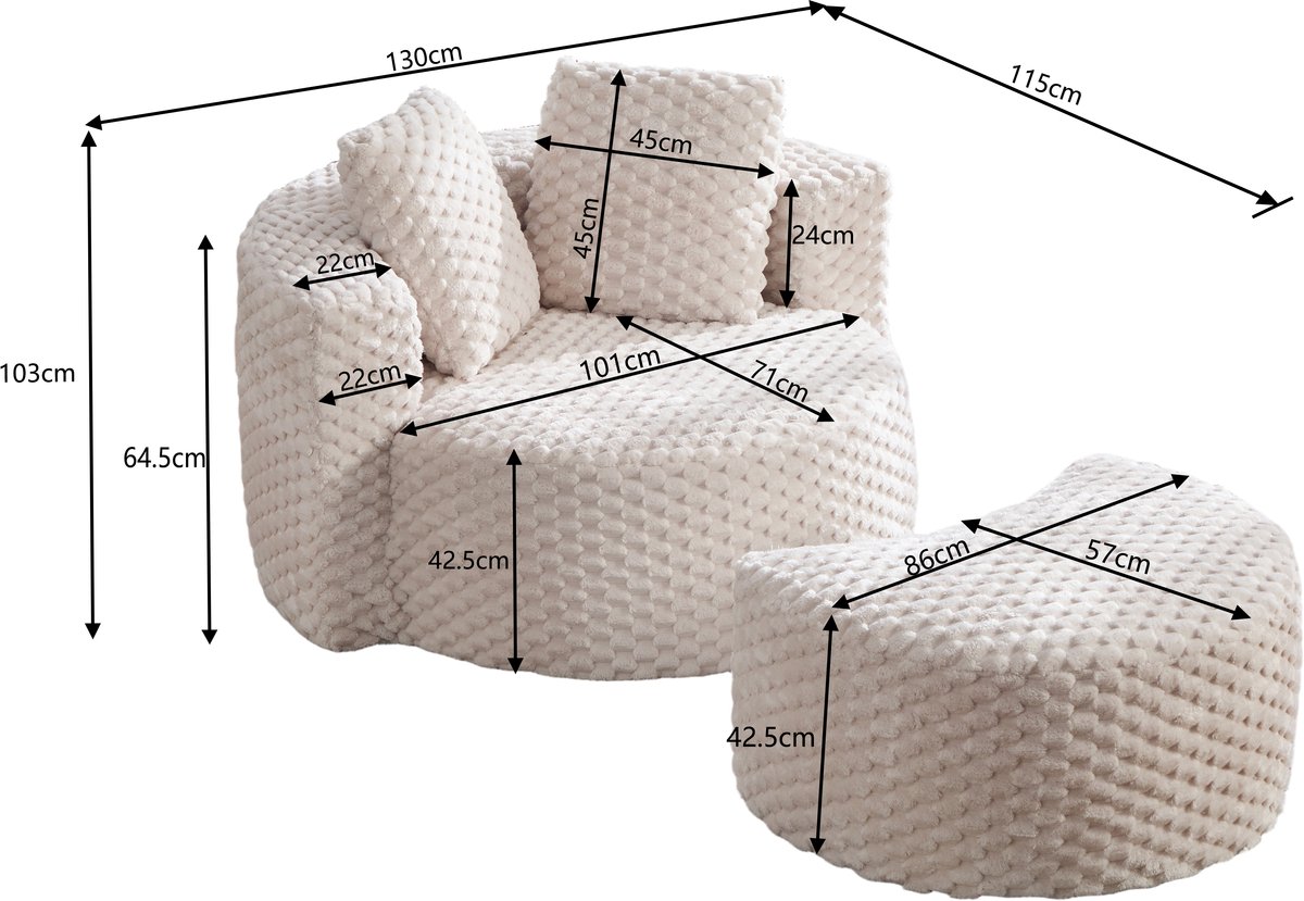 MIVRAY Fauteuil 129 x 116 x 65 cm - Met Hocker En 360 Graden Kuipvorm - Voor Woonkamer En Slaapkamer - Zachte Stof Beige