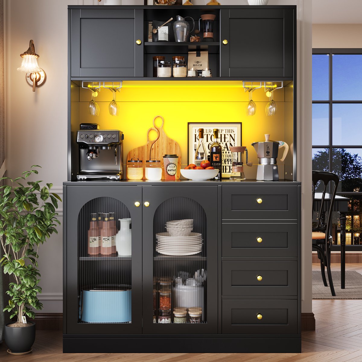 BLACKCOLORS Sideboard / opbergkast / keukenkast / buffetkast, 120x40x188 cm, landhuisstijl, 4 deuren, met LED-lichtstrip & drankhouders, zwart/wit