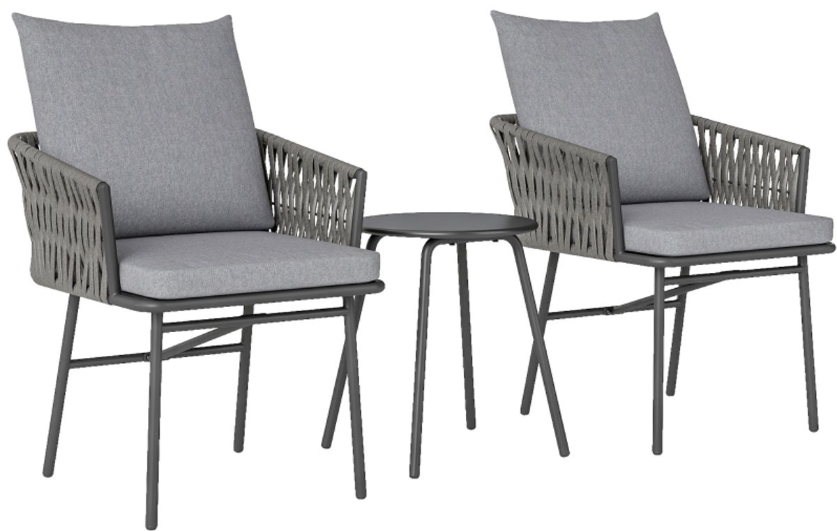 Gutent Loungesets - Bistroset - 3 Delig - 2 Stoelen - 1 Salontafel - Ratten - Incl Afneembare Kussens - Staal - Grijs