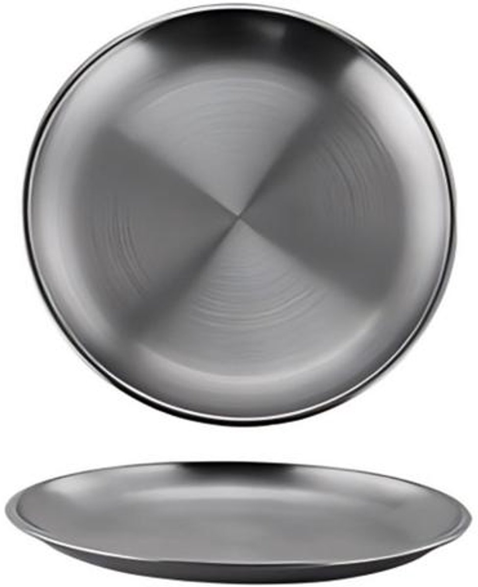 Borden – 5 - pack– Roestvrijstalen borden – Ronde metalen dinerborden – Campingborden – Keukenservies – Vaatwasserbestendig – Ideaal voor het serveren van gerechten, BBQ, snacks, steaks en meer – Maat XL – 23 × 23 × 2 cm