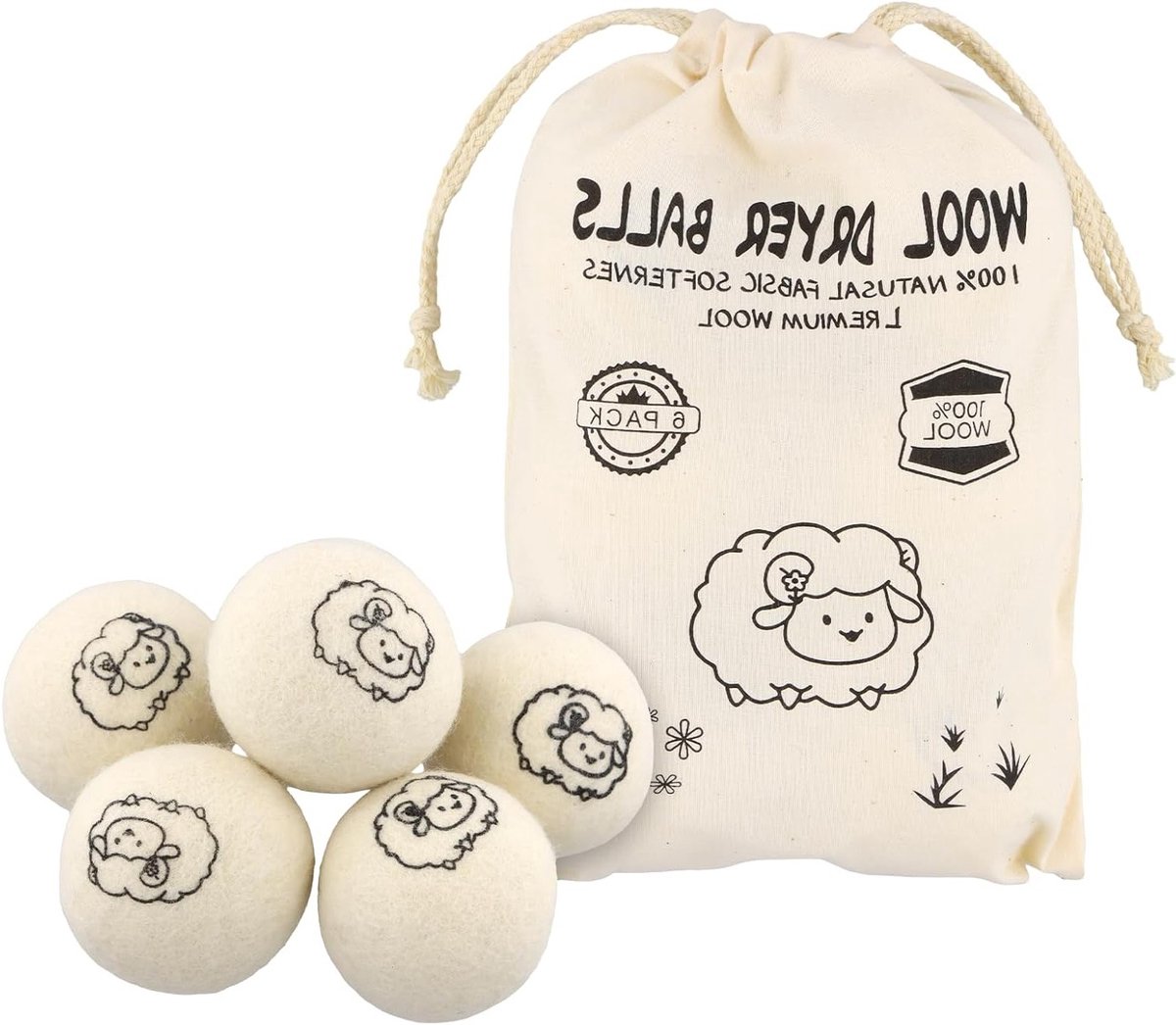 Set van 6 XXL drogerballen van 100% schapenwol – Natuurlijke wasverzachter voor katoen, dons en synthetische stoffen, inclusief handige opbergtas