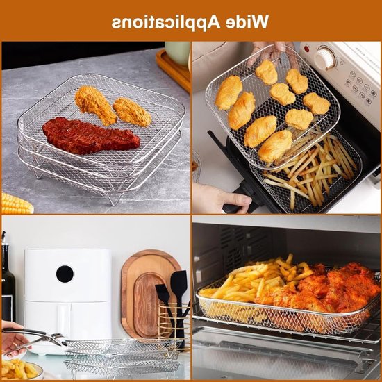 Set van 3 Stapelbare Airfryer Racks met Siliconen Voeten en Tweezer - Ideaal voor Koken, Bakken en Grillen in de Airfryer, 20cm RVS Accessoires — afbeelding 2