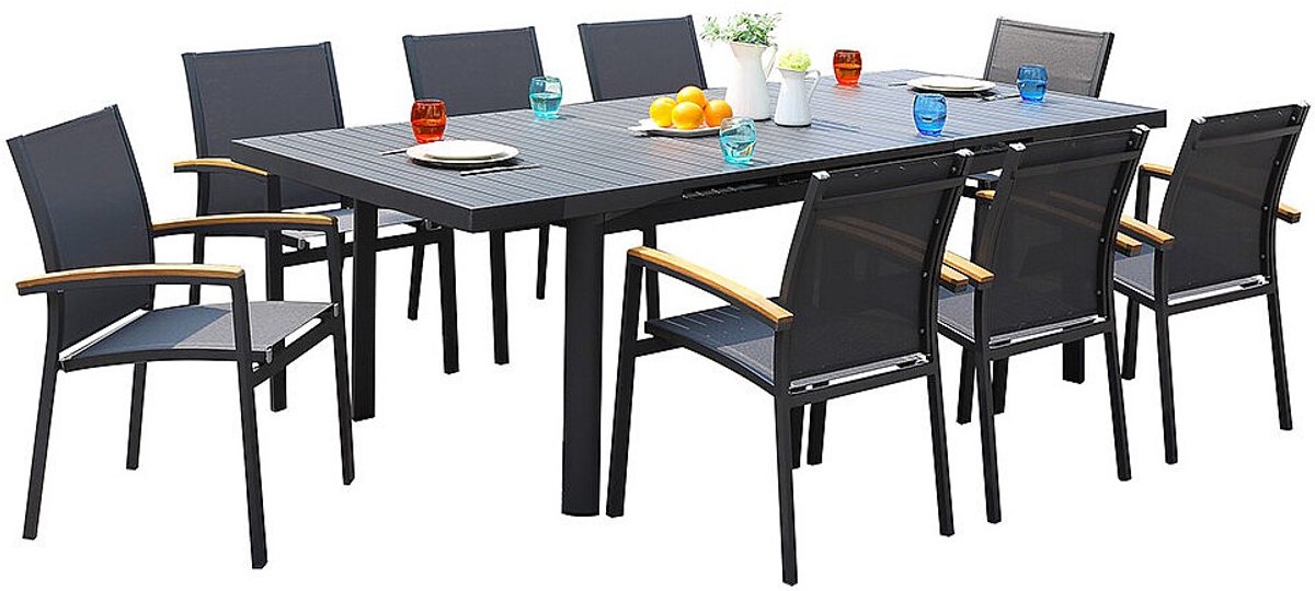 Vente-unique Tuineetset NAURU van aluminium: een uitschuifbare tafel 180/240 cm en 8 stapelbare fauteuils - Antraciet