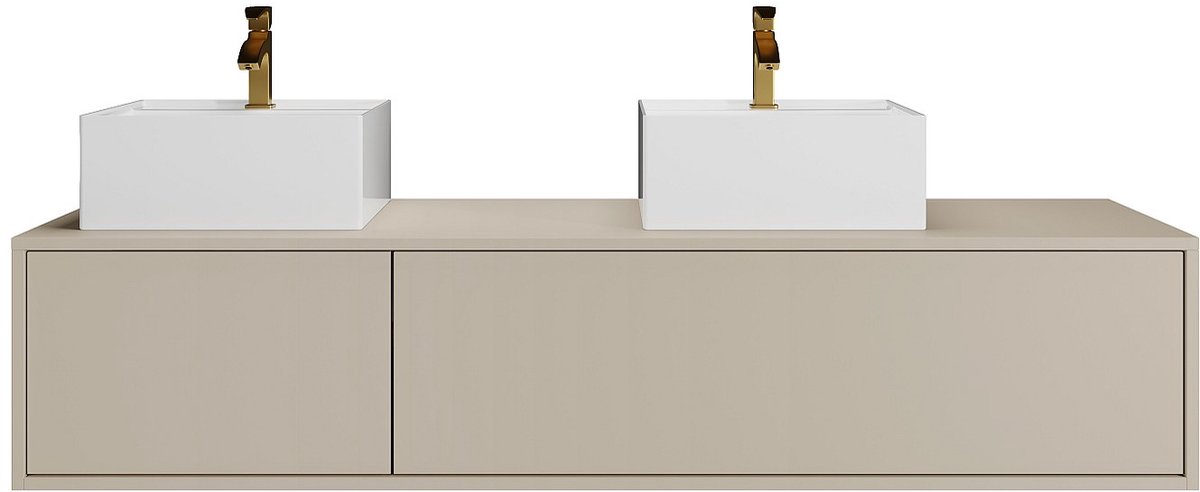 Vente-unique Zwevend badkamermeubel in beige kleur met dubbele vierkante wastafel - B150 cm - ISAURE II