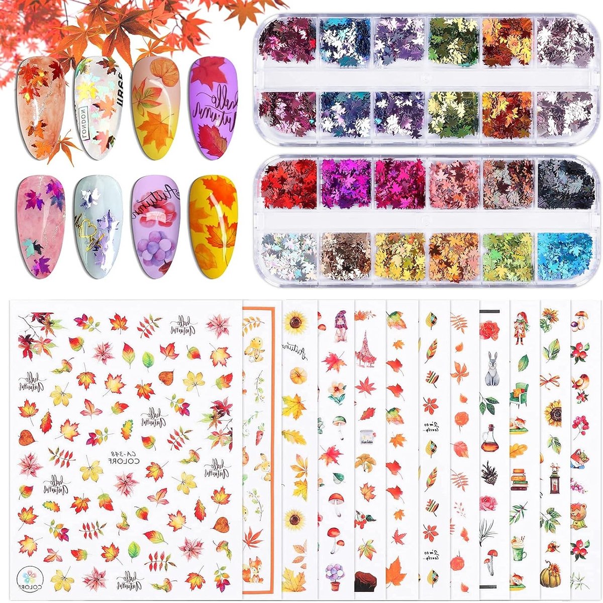 Herfst Nail Art Stickers met 12 Bladen, Zelfklevende Tattoo Stickers met Ahornbladeren en Sequins voor Nail Decoratie en Feestdagen