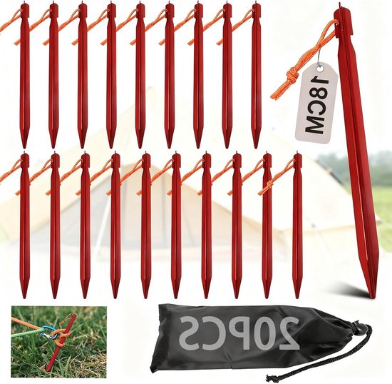 Tentsteken van 18 cm met Touw - Ideaal voor Kamperen, Wandelen en Stranduitstapjes - 20 Stuks in Rood