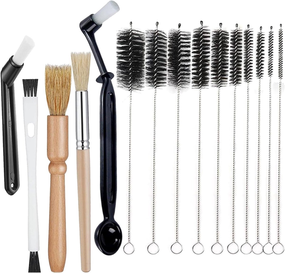 15-delige set schoonmaakborstels voor espresso machines, inclusief lepel en houten handvat, ideaal voor barista's en koffieliefhebbers, perfect voor koffiezetapparaten en koffiemolens