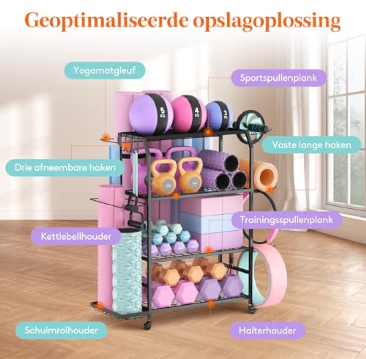 Yogamat Opbergrek - 4-laags Fitness Accessoires Organizer voor Halter, Kettlebell, Yogablok, Schuimrol - Verrijdbaar met Zwakwielen en Haken - Zwart – foto 8