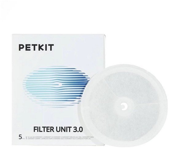 PETKIT doos met 'FILTER UNIT 3.0' en één wit, rond filter met centraal gat.