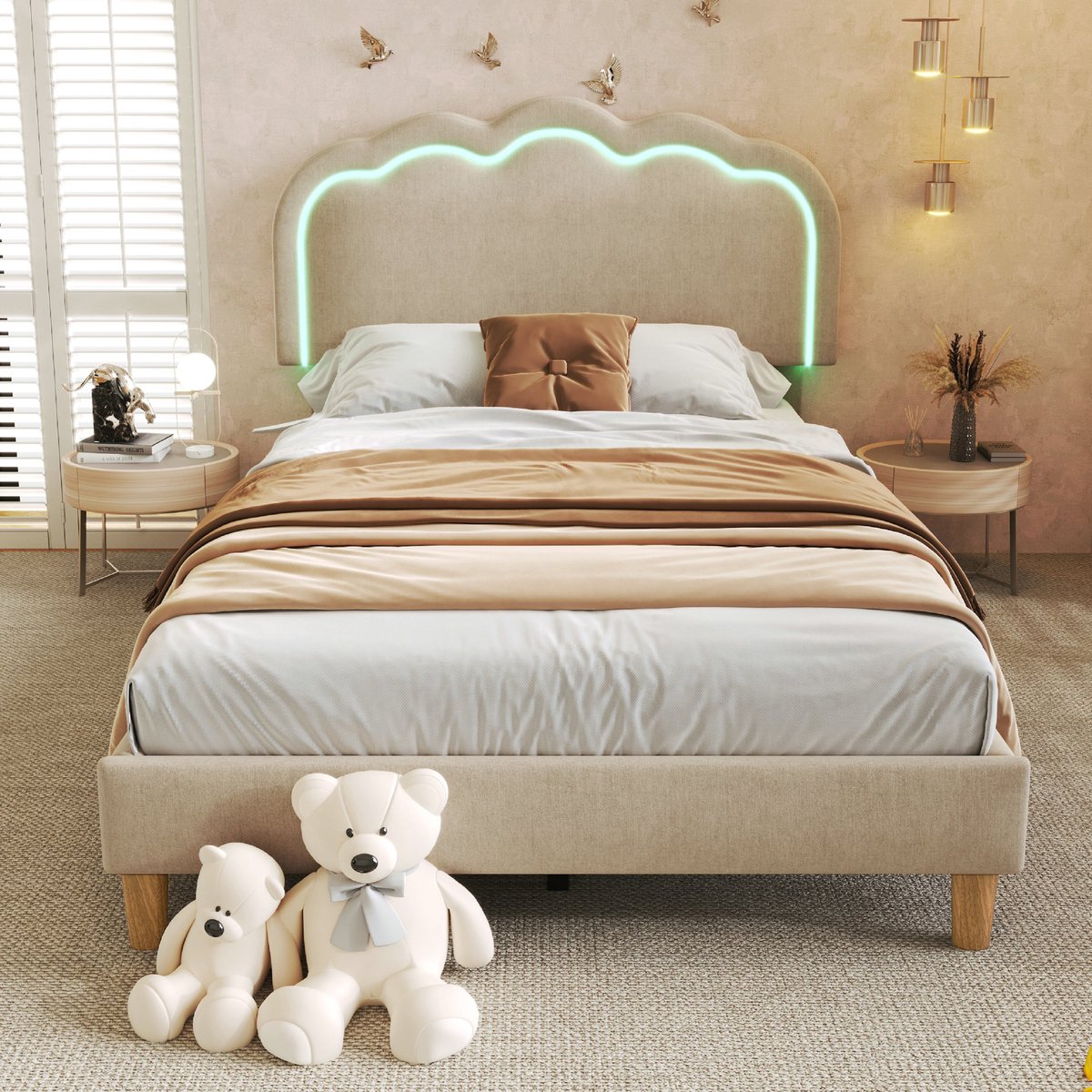 VVBV Gestoffeerd Kinderbed 90x200 cm met Lattenbodem, Verstelbaar Hoofdbord - Voor Slaapkamer/Gastenkamer - Linnen Beige