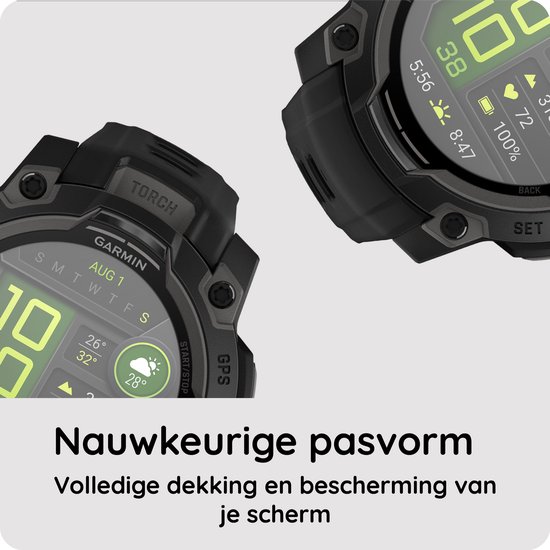 Garmin smartwatch met een gedetailleerd scherm en een beschermende screenprotector.