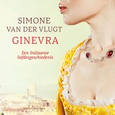 Boekomslag 'Ginevra' van Simone van der Vlugt. Een vrouw in een gele jurk met rode edelstenen ketting. Tekst: GINEVRA. Een Italiaanse liefdesgeschiedenis.