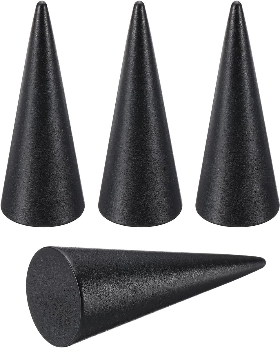 Wooden Cone Ring Holder - 4 Pcs - Finger Jewelry Ring Display Stand Organizer - DIY Art Crafts - Black (80x30mm)