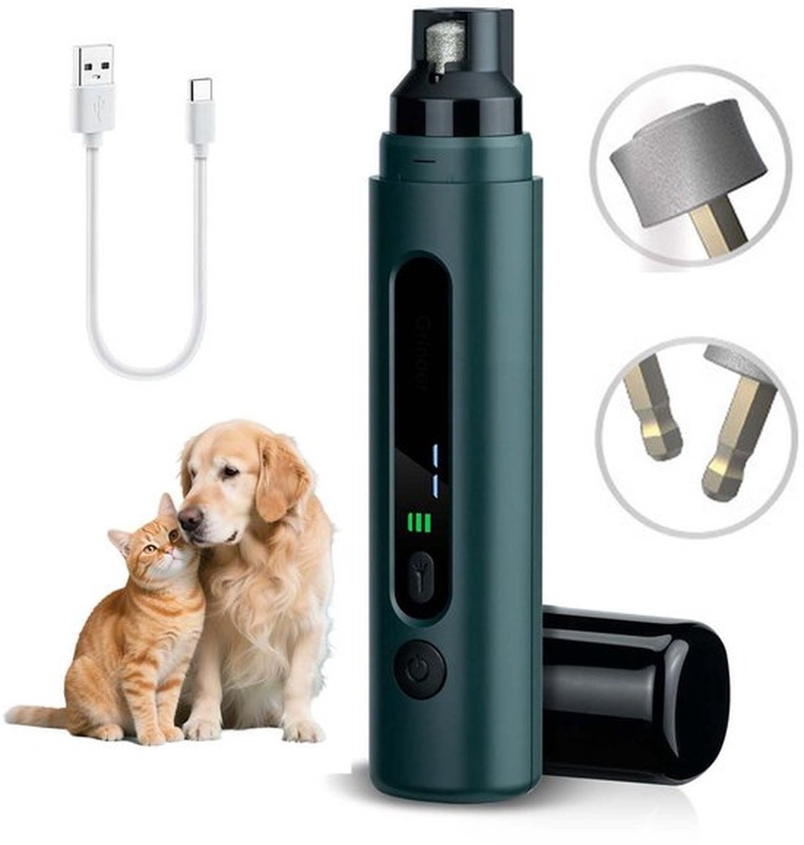 Klauwenslijper voor honden, 5 snelheden met LED-verlichting, stil, oplaadbaar, krachtige elektrische klauwenslijper voor huisdieren, kleine en middelgrote honden en katten - groen