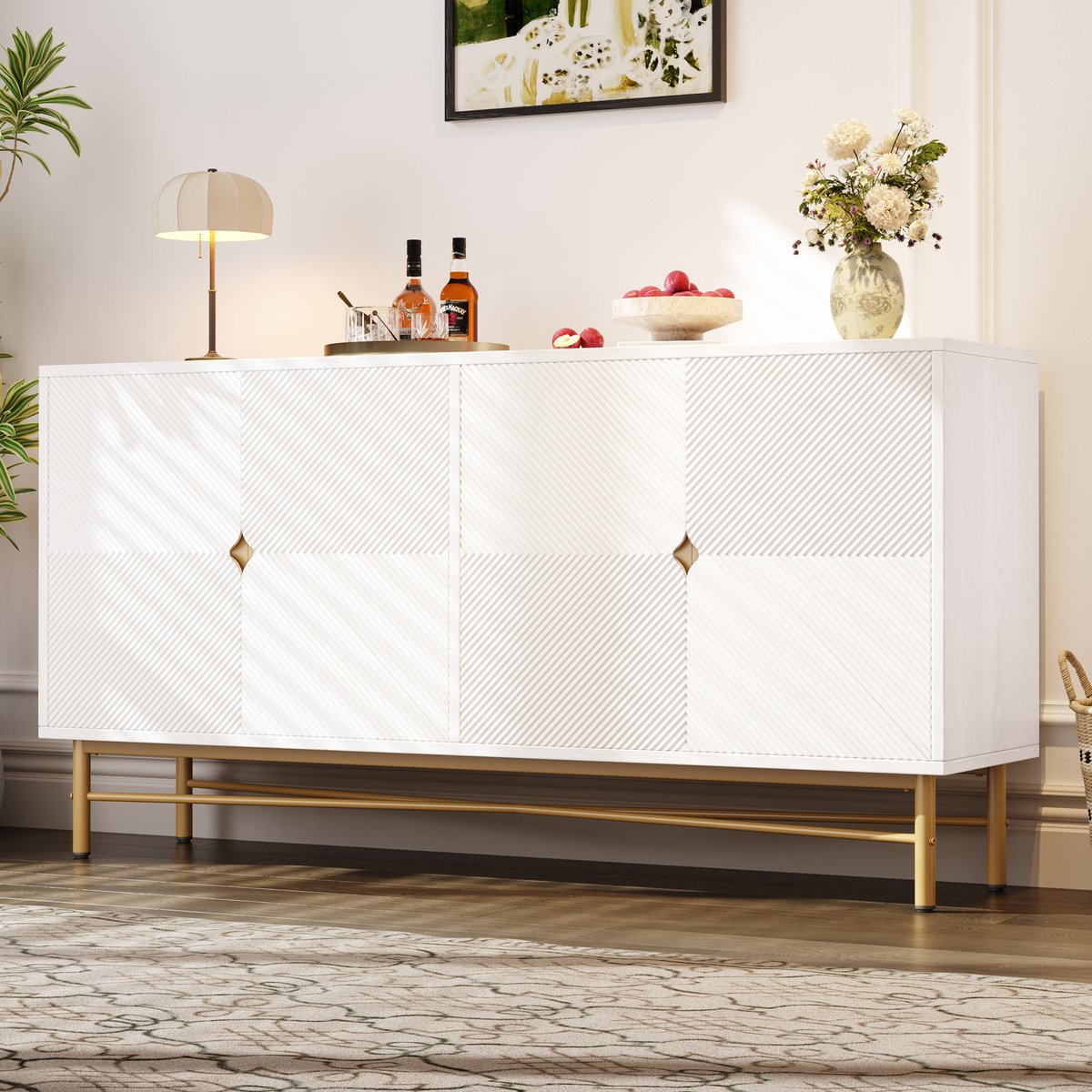Zubaliya Witte Sideboard 160cm - Met Verhoogde Textuur & Gouden Grepen - Soft Close - 160x40x82cm Licht eiken