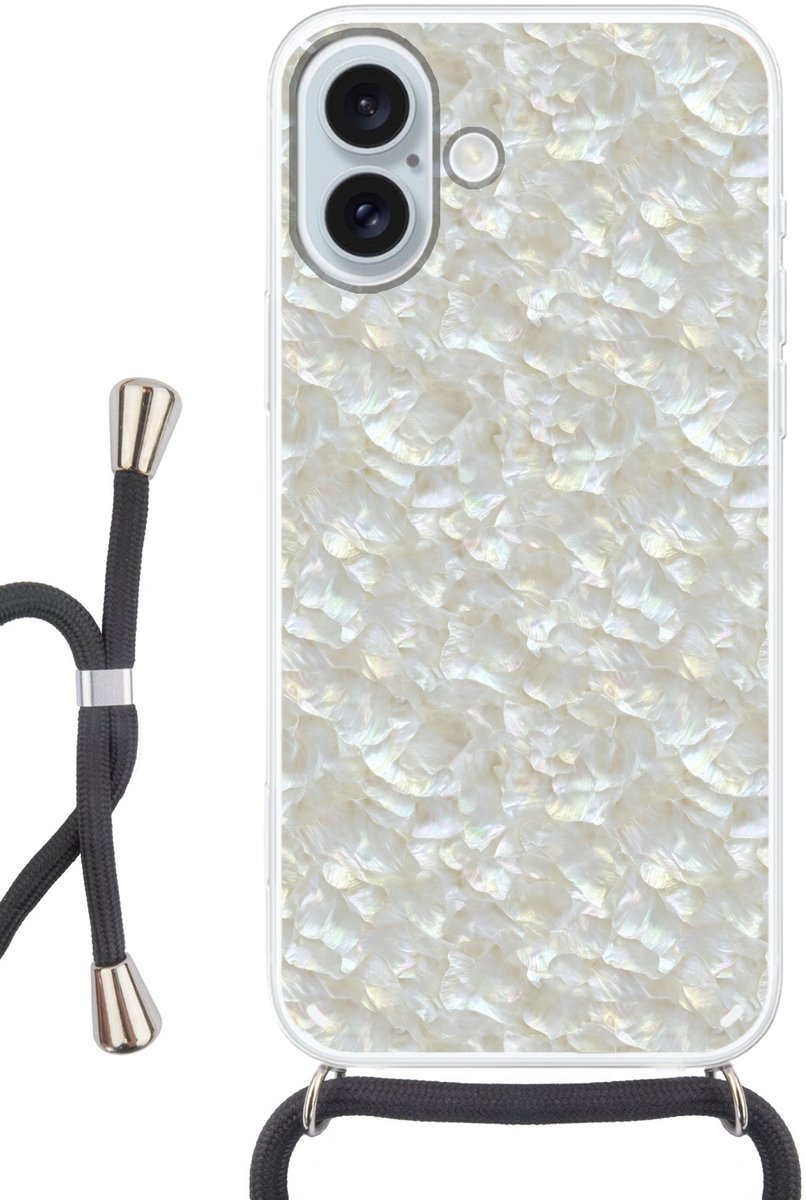 Telefoonhoesje Geschikt voor iPhone 16 Plus met koord - Parelmoerglans - Wit - Schelp - Siliconen - Crossbody - Backcover met Koord - Telefoonhoesje met koord - Hoesje met touw Telefoonhoesje