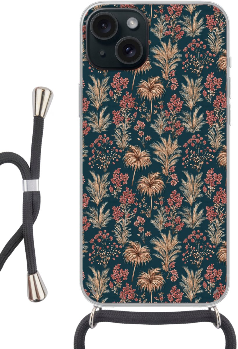 Telefoonhoesje Geschikt voor iPhone 15 Plus - Botanisch - Patroon - Blauw - Siliconen - Crossbody - Backcover met Koord - Telefoonhoesje met koord - Hoesje met touw Telefoonhoesje