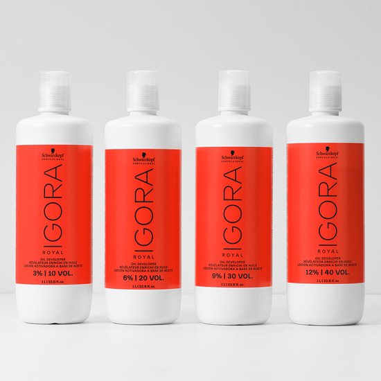 Vier Schwarzkopf Igora Royal Oil Developers: 3% 10 vol, 6% 20 vol, 9% 30 vol, 12% 40 vol.