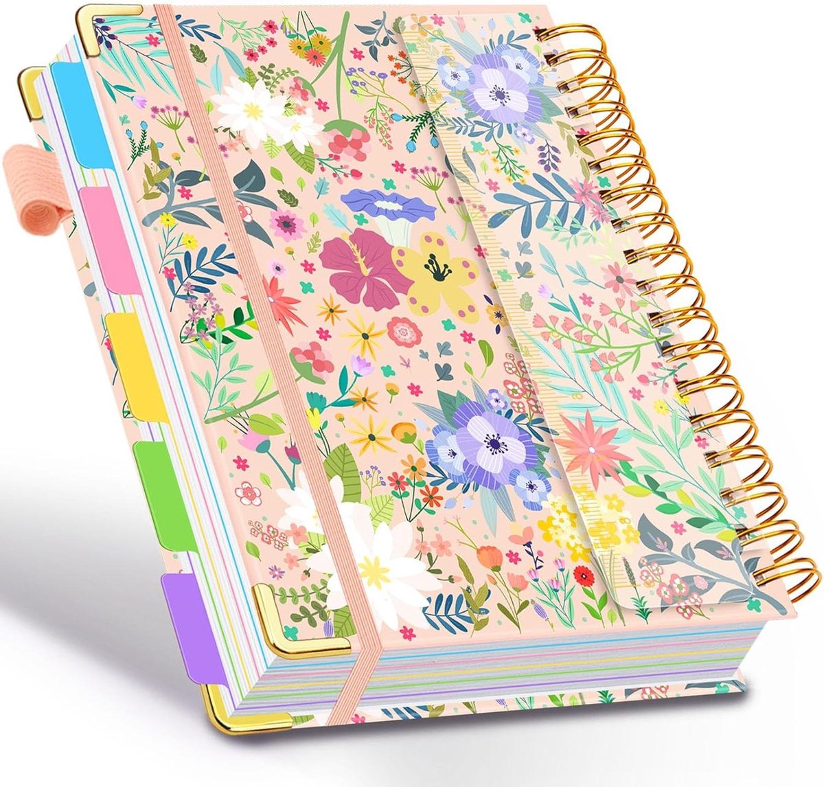 Spiraal Notitieboek - Collegeboek Agenda - Notities Maken - 5 Vakken Verdelers - 20 x 25 cm - Beige Bloei