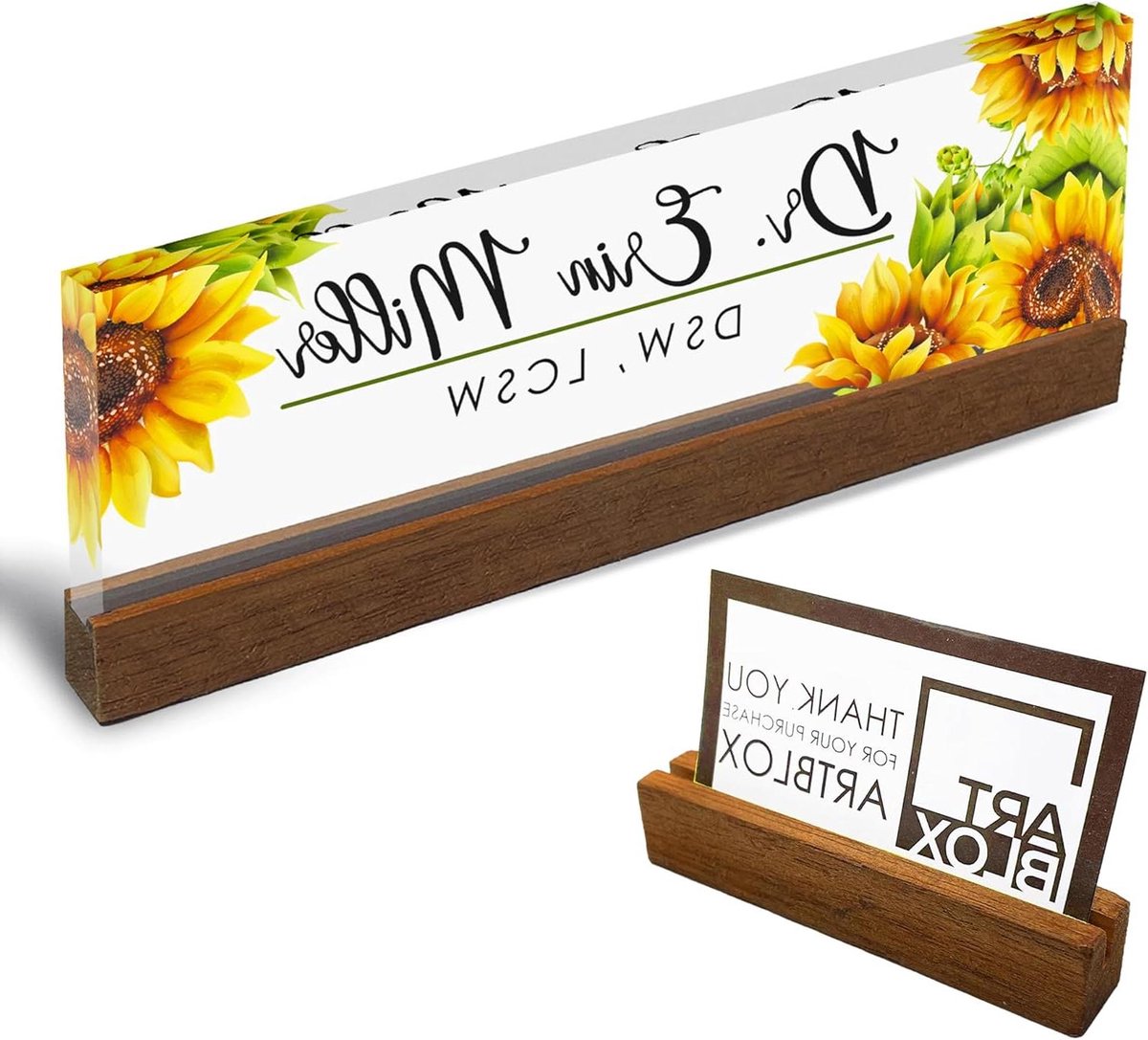 Gepersonaliseerd naambordje bureau - Kantoordeur naamplaat - Bureau personaliseren - Zonnebloemen ontwerp - 20.32 cm breed - Helder acryl