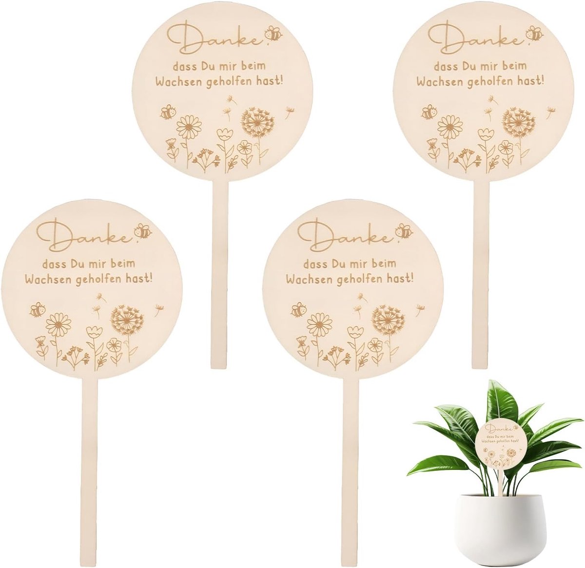 4 stuks houten bloemprikkers – bedankt dat je me liet groeien – afscheidscadeau – opvoeder – bloempot decoratie – bedankcadeau – kinderopvang en kleutergroep cadeau