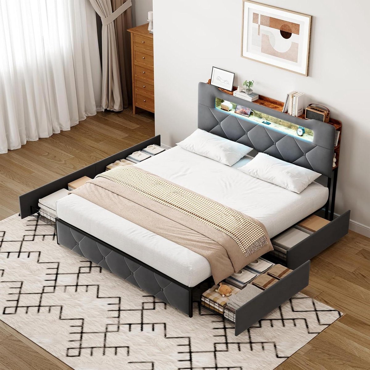 Gestoffeerd Bed - Opbergbed Tweepersoons - Slaapkamer Organiseren - 4 Laden USB Poorten - 140 x 190 cm - Grijs