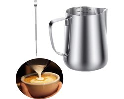 Melkopschuimer met pen - Opschuimbeker Cappuccino - Koffie Kunst Maken - Duidelijke Meetschaal - 12 oz 350ml - Zilver
