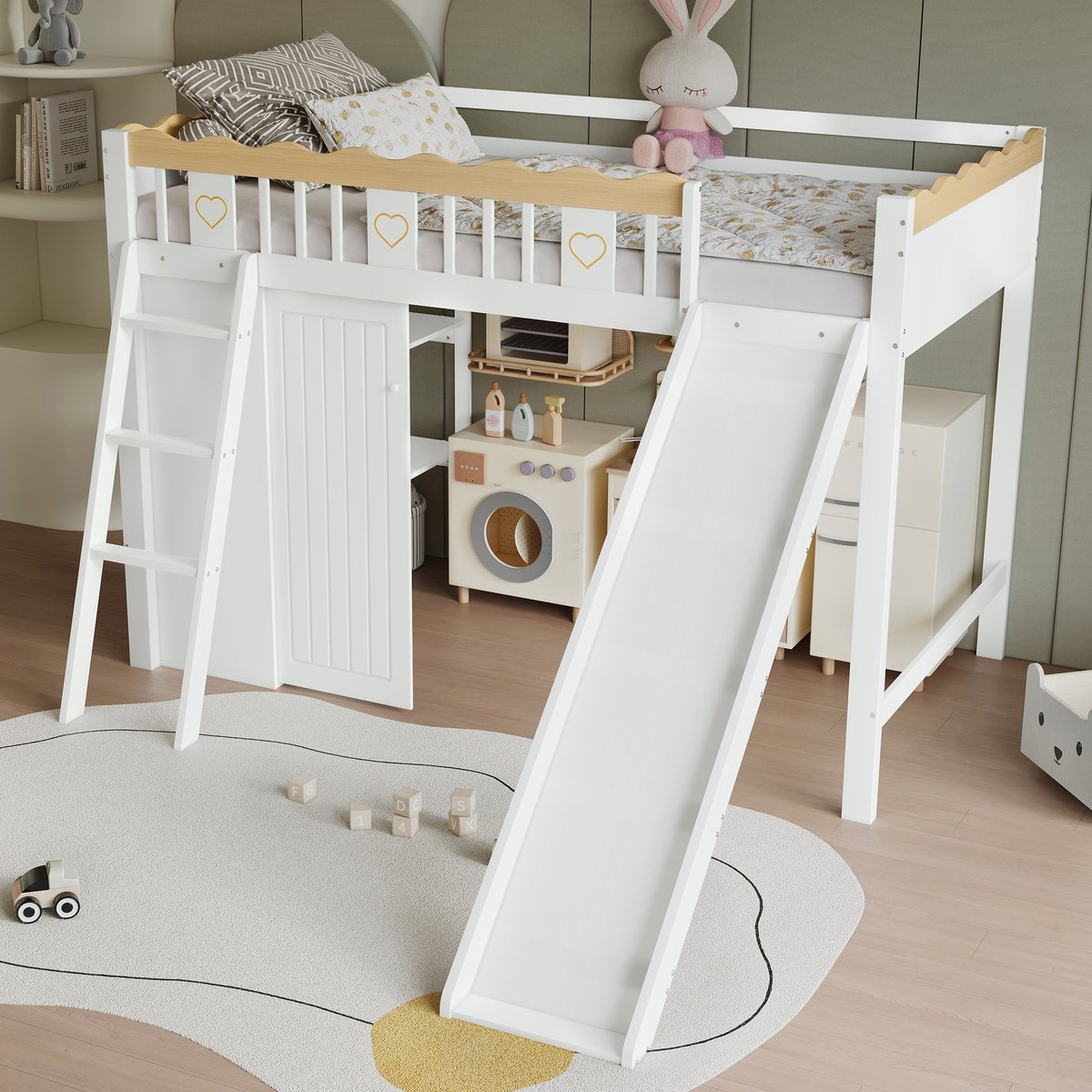 MIVRAY Hoogslaper 90x200 cm Zonder Matras - Met Glijbaan, Kast En Opbergkast - Kinderbed Voor Slaapkamer - Hout - Wit Naturel