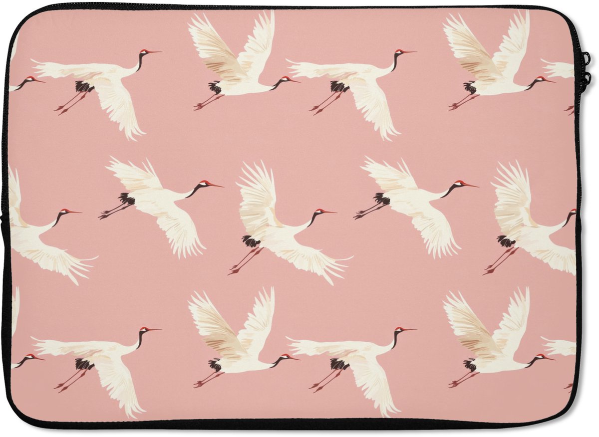 Laptophoes 13 inch - Modern - Kraanvogels - Roze - Laptop sleeve - Binnenmaat 32x22,5 cm - Zwarte achterkant
