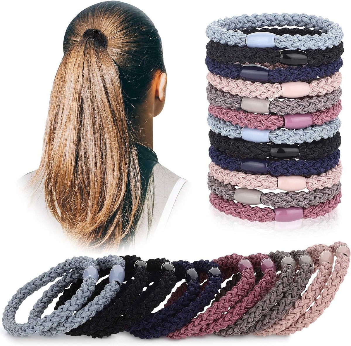 Elastische Haarbanden voor Dikke Krullen - 12 Gekleurde Vlechtbanden voor Ponytails en Haarstyling