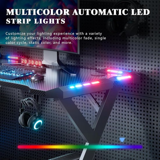 Gamingbureau met LED - Computertafel Werkstation - Gamen en Studeren - Koolstofvezel Oppervlak - 100 x 60 cm - Zwart — afbeelding 3