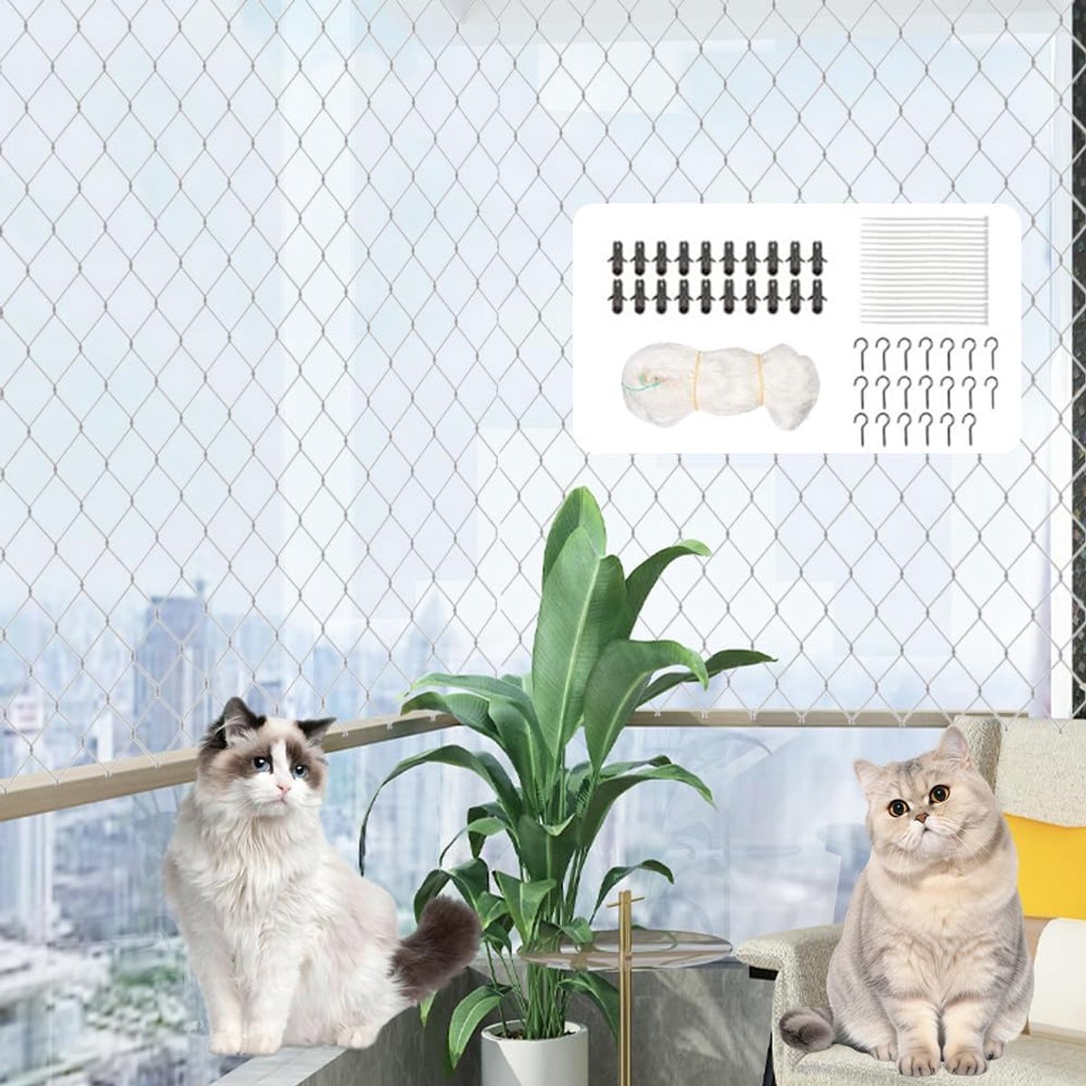 10 x 3 m Kattennet voor balkon - versterkt zonder boren - transparant - vogelbeschermingsnet met haken en kabelbinders - scheurvast - kattenbeschermingsnet voor katten - ramen - terras