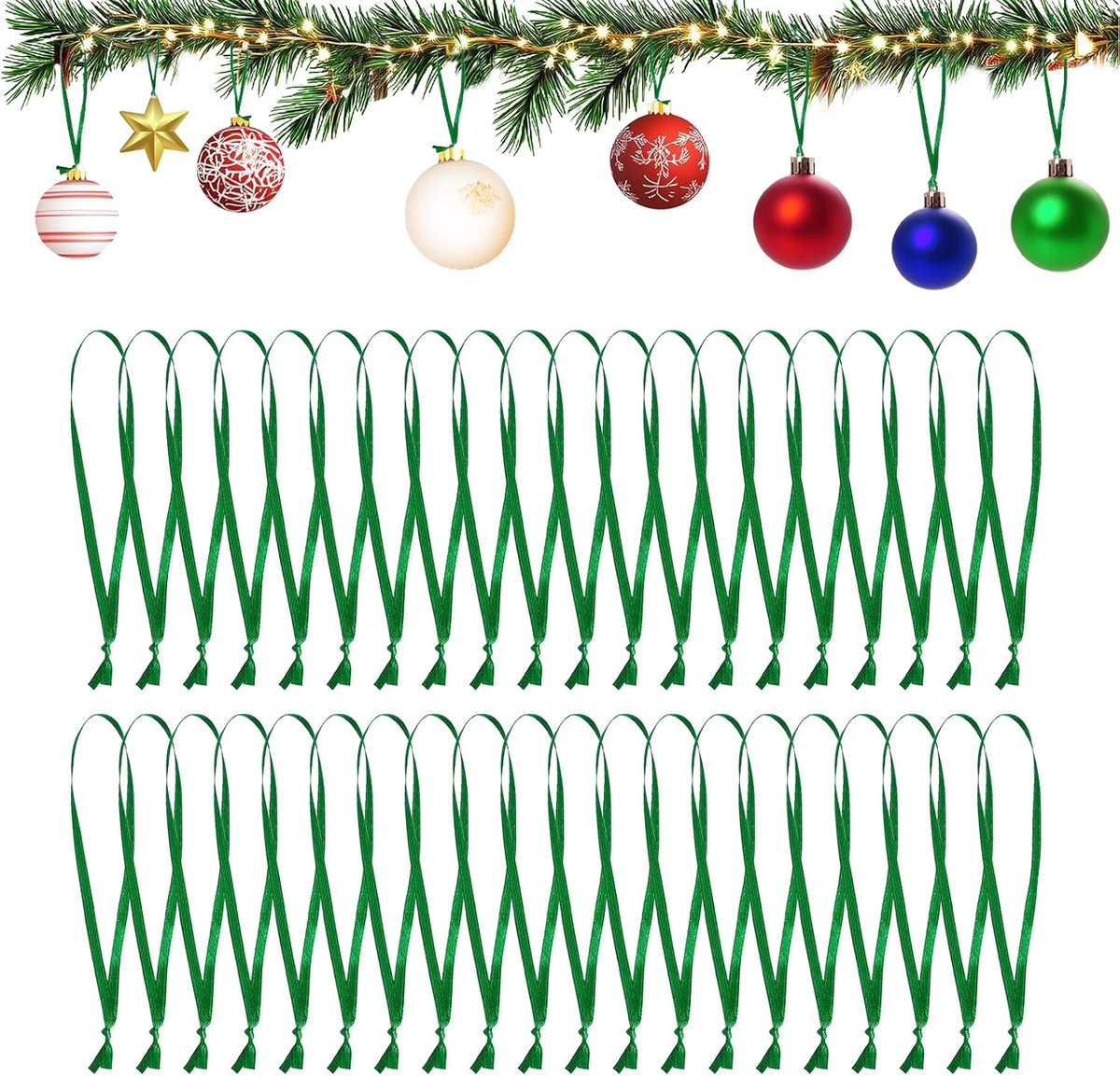 100 Pcs Christmas Tree Pendants - Pre-Cut Hanging Ropes - Christmas Tree Hooks - Ball Pendants - Xmas Baubles Hooks voor Feestdecoratie - Groen