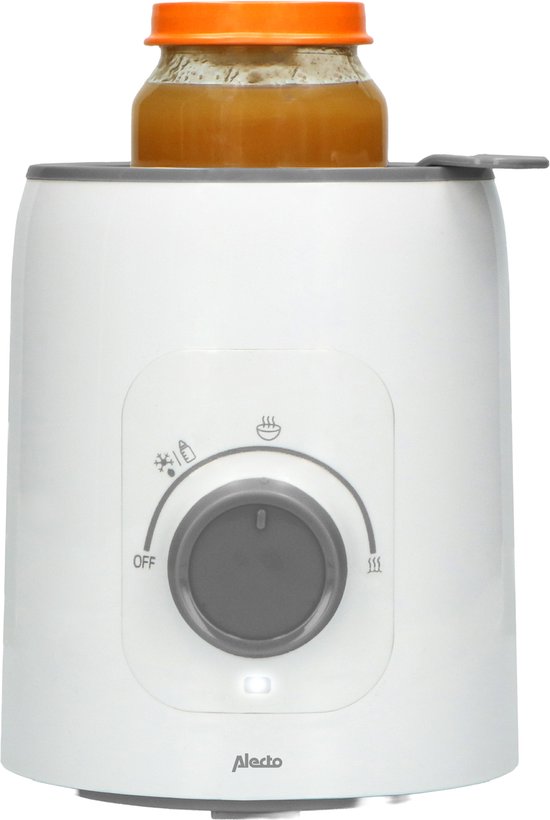 Witte Alecto flessenwarmer met een glazen potje babyvoeding en oranje deksel.