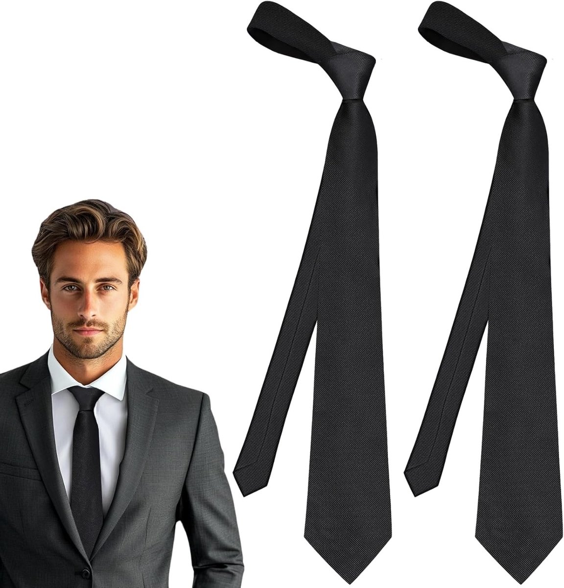 2 Stuks Zwarte Stropdassen 6cm Smal voor Mannen - Klassieke Zwarte Stropdas voor Bruiloften, Zakelijke Evenementen en Formele Gelegenheden