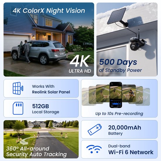 Reolink Altas PT Ultra - 4K UHD Batterijcamera met Continue Opname, ColorX Nachtzicht, 360° Pan-Tilt Automatische Tracking, 20.000mAh-batterij 500 Dagen Batterijduur, Wi-Fi 6, Tot 512GB microSD-kaart, Zwart van Merkloos — afbeelding 4