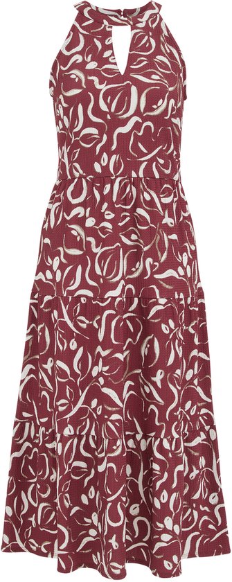 Robe mi-longue bordeaux avec un motif feuilles blanc et doré. La robe présente une encolure américaine avec découpe clé et une jupe à volants.