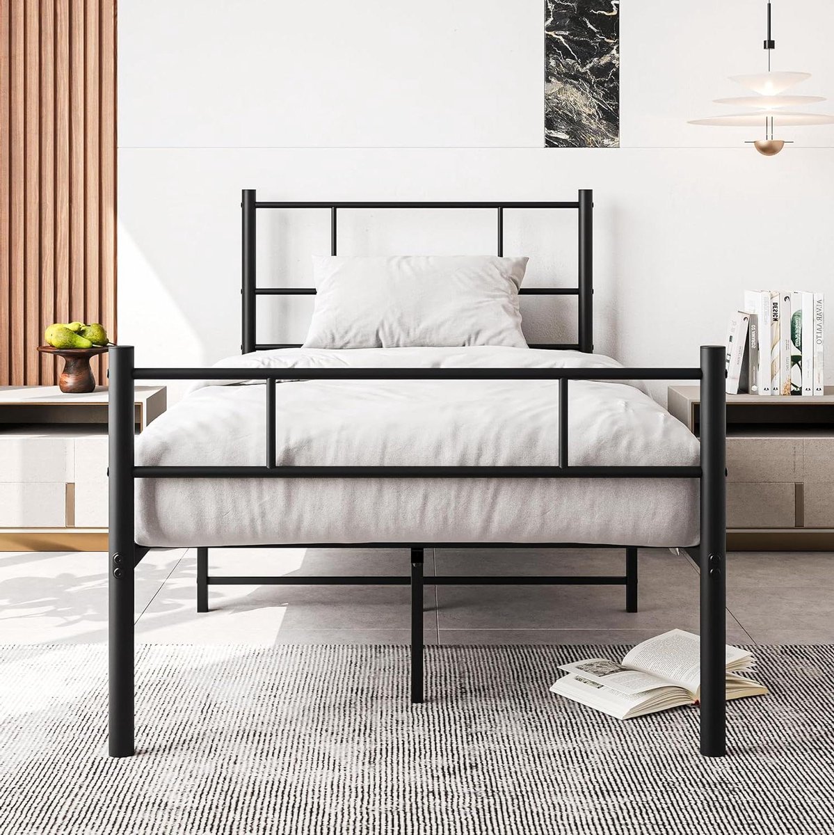 Eenpersoonsbedframe met hoofdeinde - IJzeren bed Metalen bedframe - Slaapkamer inrichten - Opslag onder bed - 196 x 91 cm