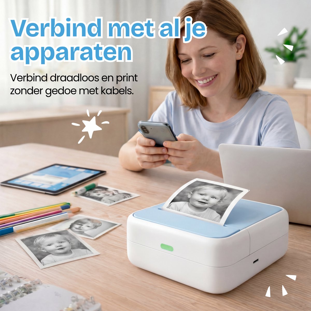TinyPlay Mini Printer 300 DPI - Pocket Printer - 13 rollen papier in kleur, Sticker en wit - Mobiele fotoprinter - voor Smartphone - Thermische draagbare printer - Thermal miniprinter — afbeelding 3