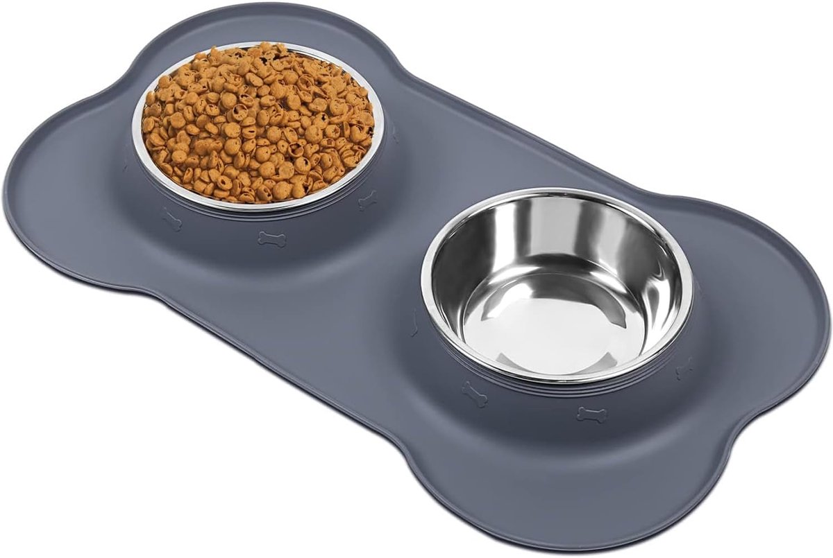 OLOEY Twee roestvrijstalen hondenbakken met morsbestendige en antislip siliconenmatjes-Geschikt voor het voeren van kleine-middelgrote en grote honden-katten en puppy's (Grijs)