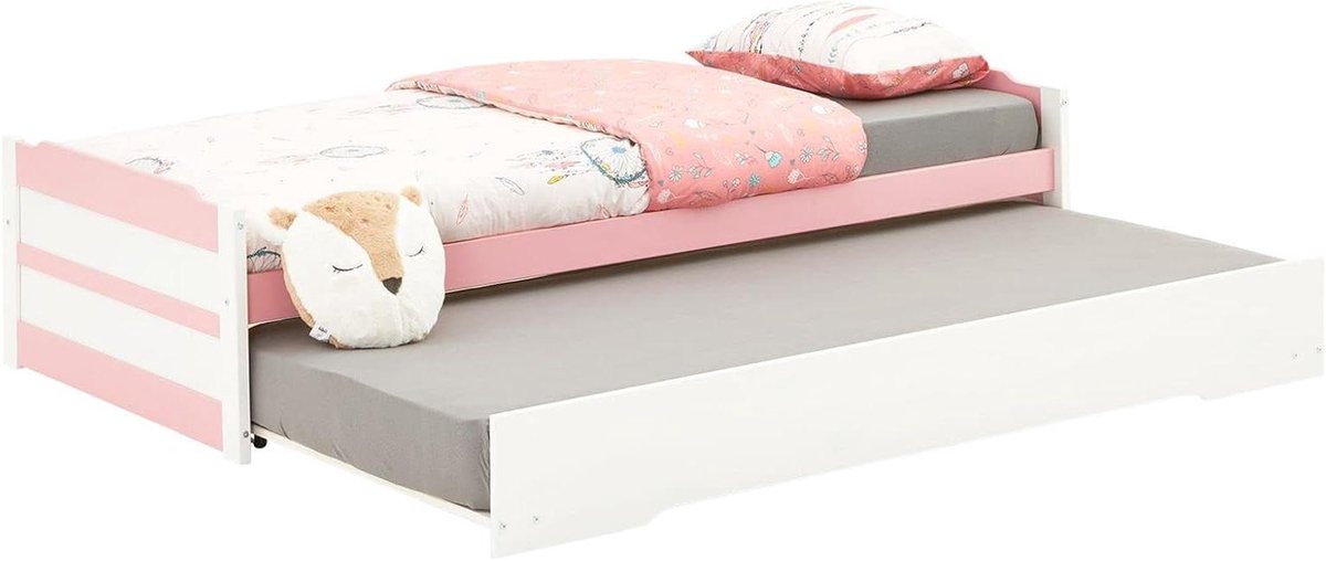Uittrekbed - Logeerbed Kinderbed - Extra Slaapplek - Met Opbergruimte - 90 x 190 cm - Wit Roze