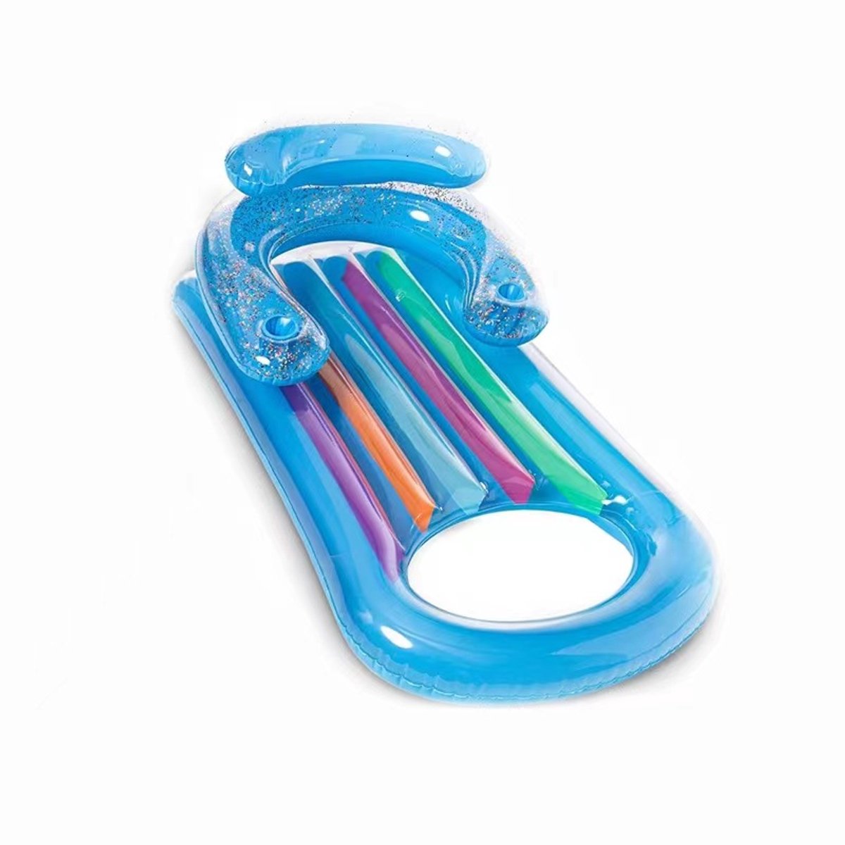 Opblaasbaar drijfbed met rugleuning – Transparant blauwe PVC-zwembadlounger met bekerhouder en armleuningen – Drijfbed voor volwassenen (145 × 75 cm) – Inclusief luchtpomp