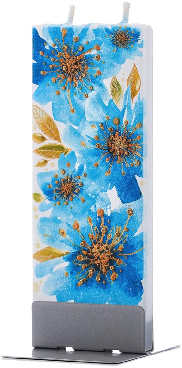 Schitterende Blauwe & Gouden Bloemen | FLATYZ platte kaars – uniek handbeschilderd cadeau