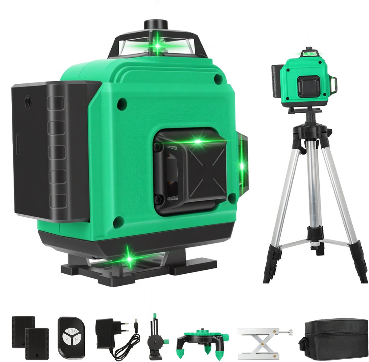 4D Kruislijnlaser - 16 Groene Laserlijnen - Zelfnivellerend - Met Statief - 2 x 2400mAh Accu - Lijnlaser - Laserwaterpas