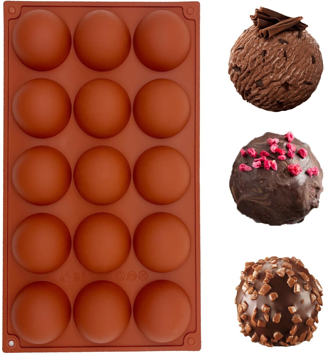 Jhubersproducts - Halfronde Siliconen Mallen - Chocolade Mallen - Duurzaam en Herbruikbaar - Bruin - Perfect voor Taarten en Pralines - 15 Holtes