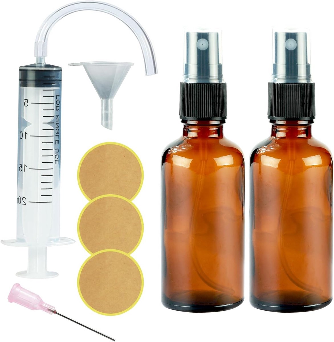 Set van 2 Kleine Glazen Sprayflessen 50ml - Bruine Lege Fles voor Parfum, Cosmetica en Olie met Trechter en Pipet